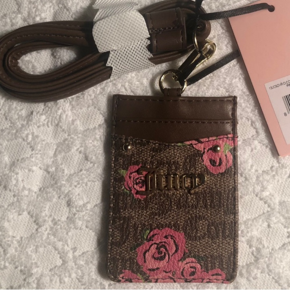Juicy Couture Brown and Pink Floral ID Lanyard Card Holder